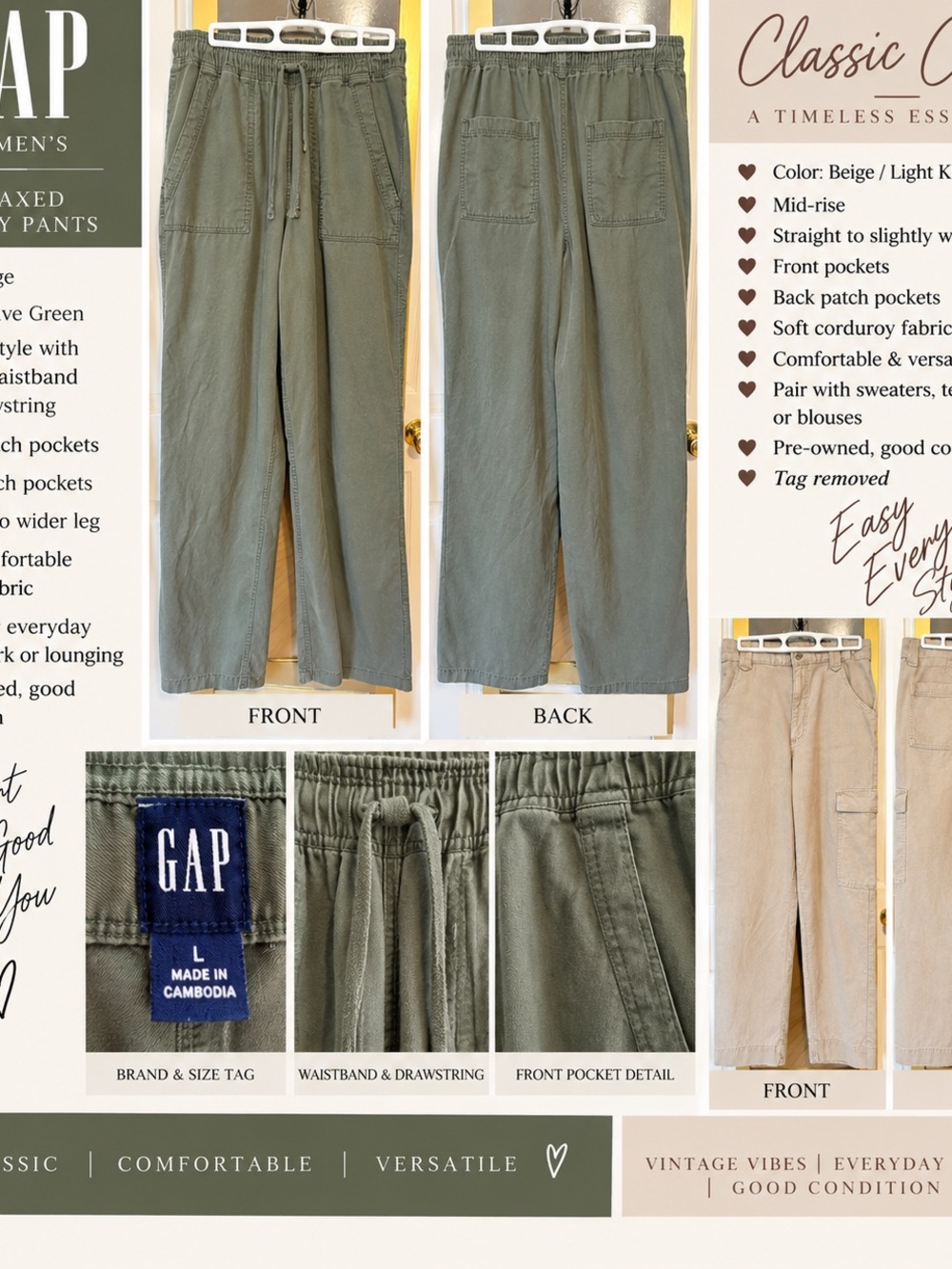 GAP Men's Corduroy Drawstring Pants — Olive